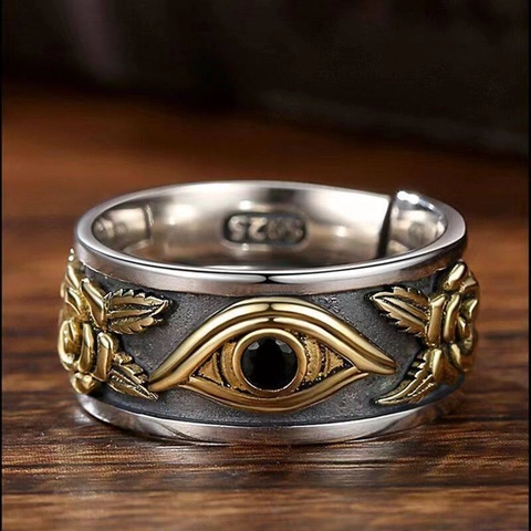 Retro Gold Alloy Eye Of Horus Ring For Men Punk Gothic Embossed Rose Rhinestone Wide Band Adjustable Statement Ring Jewelry