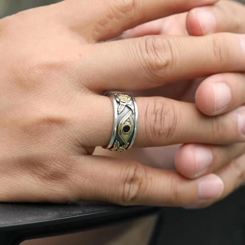 Retro Gold Alloy Eye Of Horus Ring For Men Punk Gothic Embossed Rose Rhinestone Wide Band Adjustable Statement Ring Jewelry