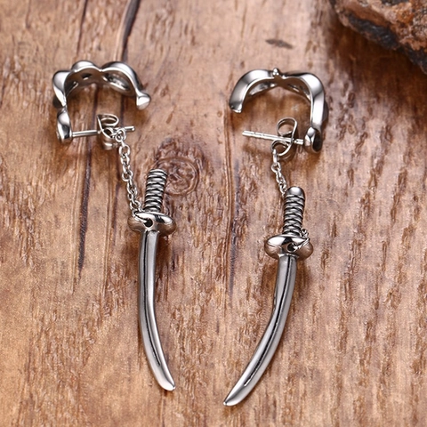 Punk Alloy Samurai Sword Stud Earrings With Chain Vintage Gothic Silver Curved Sword Dangle Earrings For Men Women Jewelry