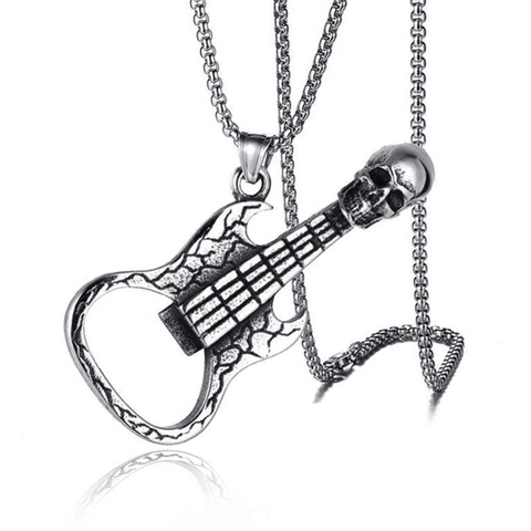 Vintage Punk Skull Guitar Pendant Necklace With Bottle Opener Stainless Steel Bead Chain Rock Hip Hop Jewelry For Men