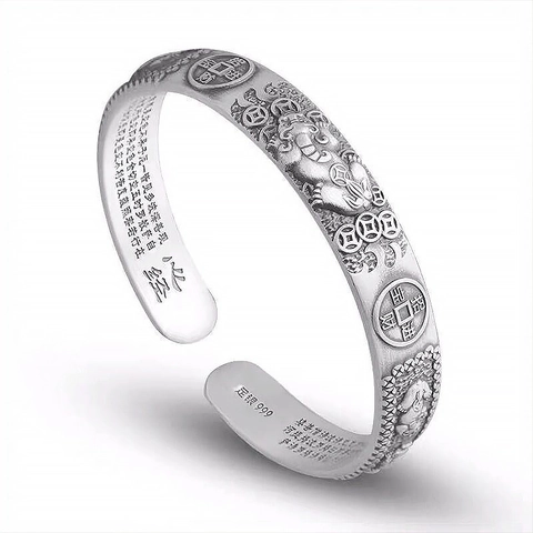 Retro Thai Silber Stil Legierung PiXiu Herz Sutra Armreif Vintage Glück Reichtum Kupfer Münze Relief Armband Für Damen Herren Schmuck