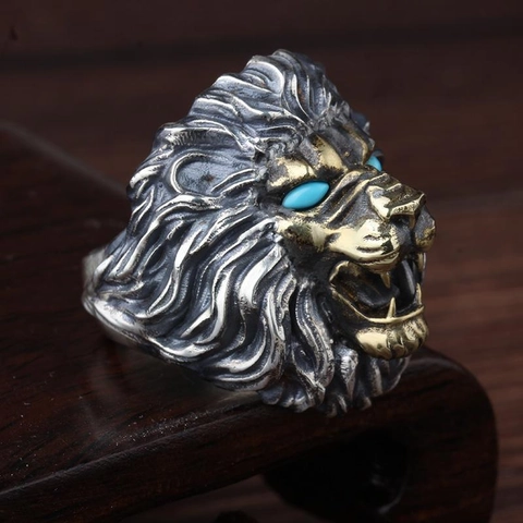 Anello in Lega Testa di Leone Vintage per Uomo Stile Punk Rock Retro Galvanico Bicolore Strass Occhio Regolabile Gioielli