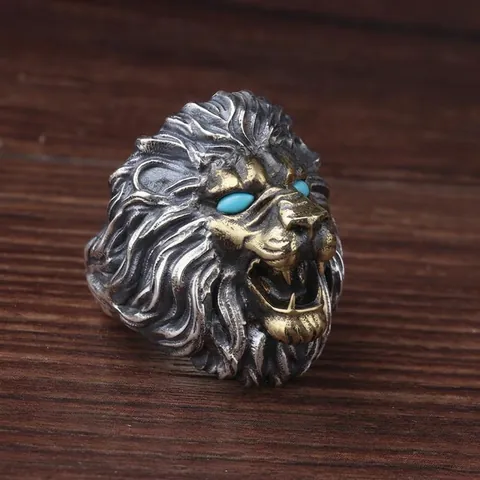 Anello in Lega Testa di Leone Vintage per Uomo Stile Punk Rock Retro Galvanico Bicolore Strass Occhio Regolabile Gioielli