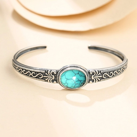 Vintage Alloy Turquoise Cuff Bangle For Women Men Ethnic Carved Scroll Pattern Adjustable Silver Color Retro Bangle Jewelry