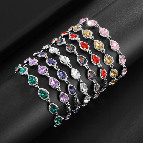 Silver Plated Pear Cut Multi Color Gemstone Halo Bracelet For Women Alloy Rhinestone Simple Daily Party Jewelry Bracelet