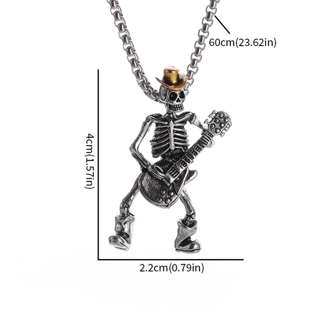 Collier Pendentif Squelette Guitariste en Alliage Vintage pour Hommes Style Punk Rock Gothique Bicolore Or Argent Bijoux