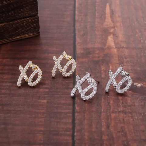 Hip Hop XO Letter Copper Stud Earrings Paved Rhinestone Gold Silver Color Iced Out Streetwear Party Jewelry For Men Women