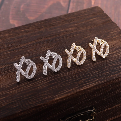 Hip Hop XO Letter Copper Stud Earrings Paved Rhinestone Gold Silver Color Iced Out Streetwear Party Jewelry For Men Women