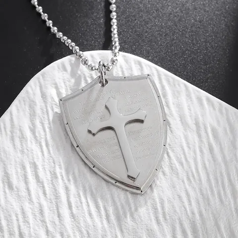 Collar de Colgante de Cruz de Escudo Religioso de Acero Inoxidable Versículo Bíblico Efesios 6:16-17 Cadena de Bolas Joyería