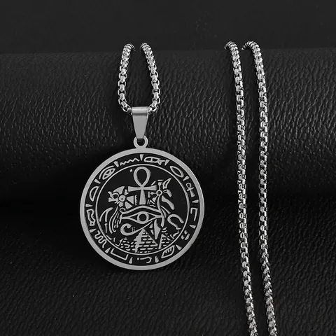 Collar De Colgante Redondo Egipcio Pirámide Ankh Cruz Ojo De Horus Vintage Acero Inoxidable Mitología Retro Joyería Para Hombres Mujeres