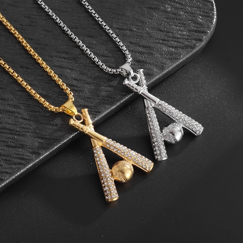 Hip Hop Baseboardschläger Und Ball Anhänger Halskette Legierung Strass Gold Silber Plattiert Sportlicher Modeschmuck Für Herren