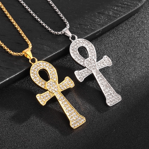 Collar Con Colgante De Hip Hop Egipcio Ankh Llave De La Vida Para Hombres Mujeres Diamantes De Imitación Aleación Cruz Joyería Regalo