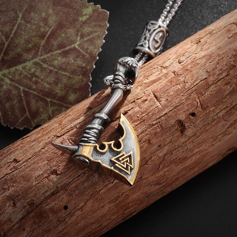 Men's Viking Axe Pendant Necklace Hip Hop Alloy Retro Valknut Symbol Nordic Myth Distressed Axe Jewelry Long Chain Accessory
