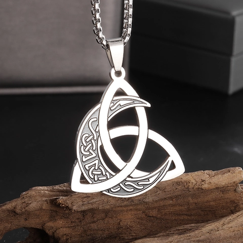 Vintage Stainless Steel Viking Celtic Knot Crescent Moon Pendant Necklace For Men Women Gothic Triquetra Wiccan Pagan Jewelry Gift