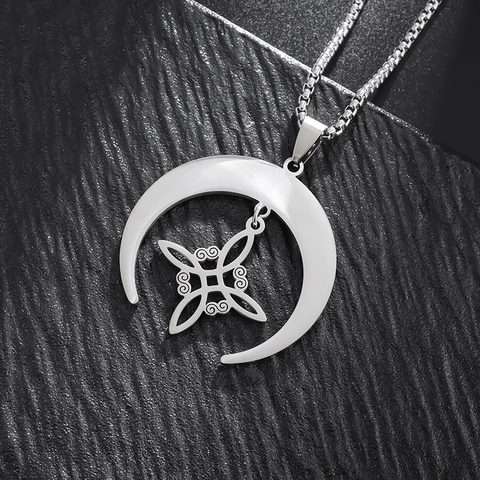 Edelstahl Keltischer Knoten Mondsichel Halskette Für Herren Damen Wikinger Hexenknoten Anhänger Halskette Gothik Retro Silber Schmuck