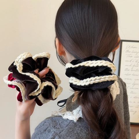 Chouchou en Velours Rétro Avec Bordure en Dentelle Contrastée Élégant Élastique à Cheveux pour Femme Accessoire de Coiffure
