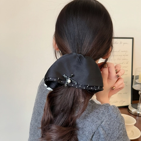 French Style Satin Bow Ponytail Clip Polka Dot Pattern Artificial Pearl Decor Elegant Hair Claw Clip For Women Hair Styling