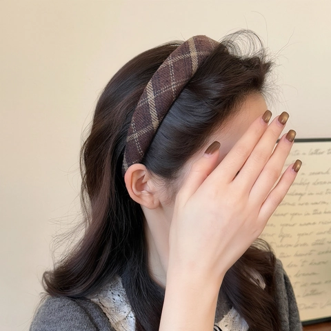 Vintage Karo Stoff Stirnband Für Damen Winter Verdickt High Head Crown Haarreif Französischer Stil Kariertes Haarband
