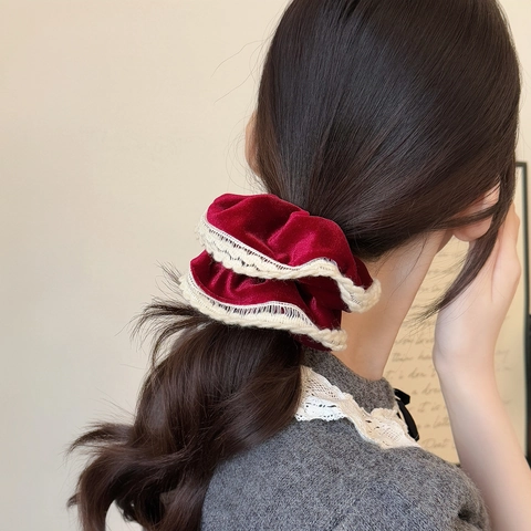 Chouchou en Velours Rétro Avec Bordure en Dentelle Contrastée Élégant Élastique à Cheveux pour Femme Accessoire de Coiffure