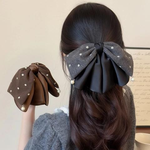 Frans Vintage Dubbellaags Strik Haarklem Met Kunstparelhanger Stippen Suède Satijn Paardenstaart Decoratie Voor Vrouwen