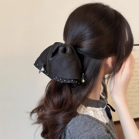 French Style Satin Bow Ponytail Clip Polka Dot Pattern Artificial Pearl Decor Elegant Hair Claw Clip For Women Hair Styling