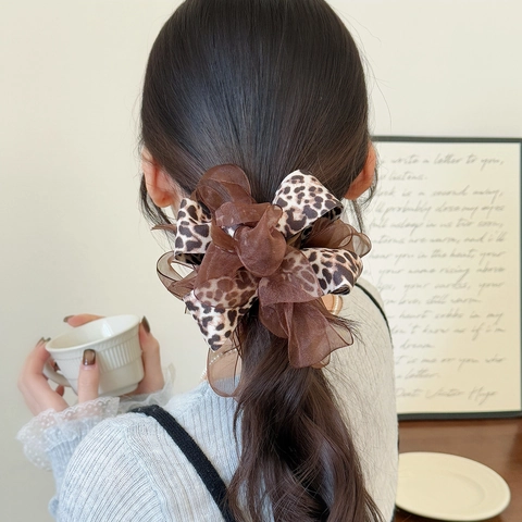 French Style Large Mesh Leopard Print Scrunchie Elegant Ribbon Hair Tie For Women Ponytail Holder Korean Handmade Hair Accessories