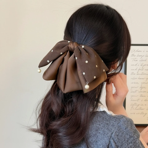 Frans Vintage Dubbellaags Strik Haarklem Met Kunstparelhanger Stippen Suède Satijn Paardenstaart Decoratie Voor Vrouwen