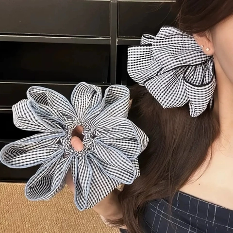 Scrunchie Oversize a Quadretti Pied de Poule per Donna Plissettato con Profilo a Contrasto Elastico per Capelli Grande Stile Coreano Accessori per Capelli