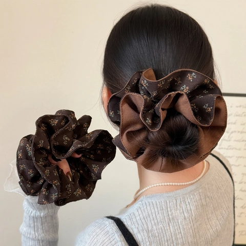 Koreanischer Stil Blumen Stoff Haargummis Für Damen Handgemacht Plissiert Haarbänder Retro Kaffee Braun Elastische Haarschmuck