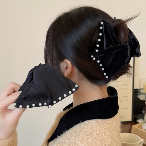 Fermaglio Per Capelli Molla A Fiocco In Velluto Retrò Francese Con Perle Artificiali Elegante Molletta In Tessuto Da Donna