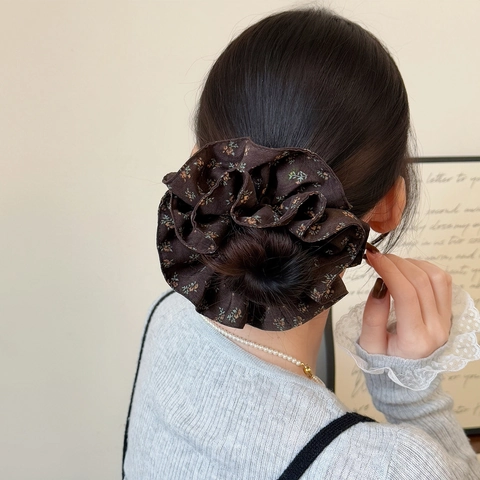 Koreanischer Stil Blumen Stoff Haargummis Für Damen Handgemacht Plissiert Haarbänder Retro Kaffee Braun Elastische Haarschmuck