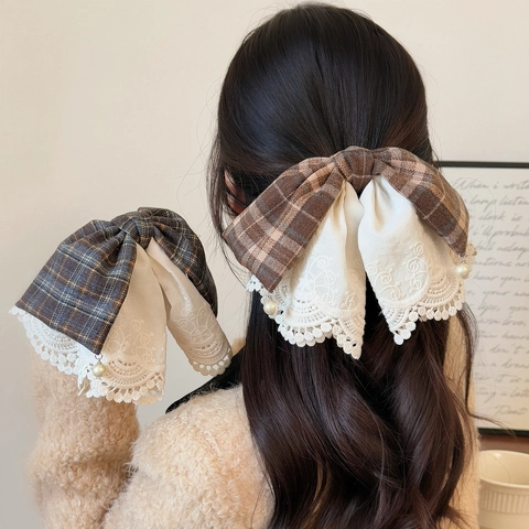 Fermaglio per Capelli Fiocco a Quadri Vintage Coreano Con Patchwork di Pizzo Ciondolo Perla Artificiale Stile Preppy Donna