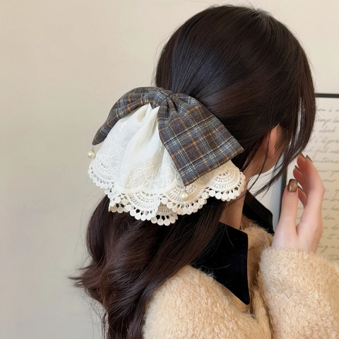 Fermaglio per Capelli Fiocco a Quadri Vintage Coreano Con Patchwork di Pizzo Ciondolo Perla Artificiale Stile Preppy Donna