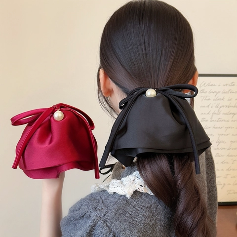 Elegante Molletta per Capelli a Fiocco in Satin Con Perla Artificiale Grande Fiocco Plissettato per Donna Accessori