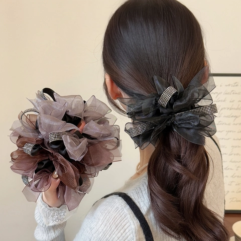 Eleganter Mesh Strass Schleife Haargummi Großer Organza Pferdeschwanz Halter Hochelastischer Haarring Damen Haar Accessoire