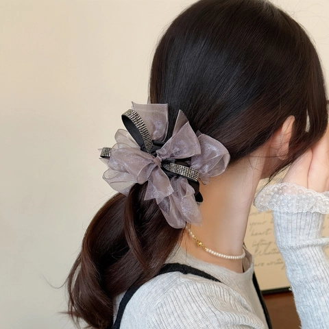 Eleganter Mesh Strass Schleife Haargummi Großer Organza Pferdeschwanz Halter Hochelastischer Haarring Damen Haar Accessoire