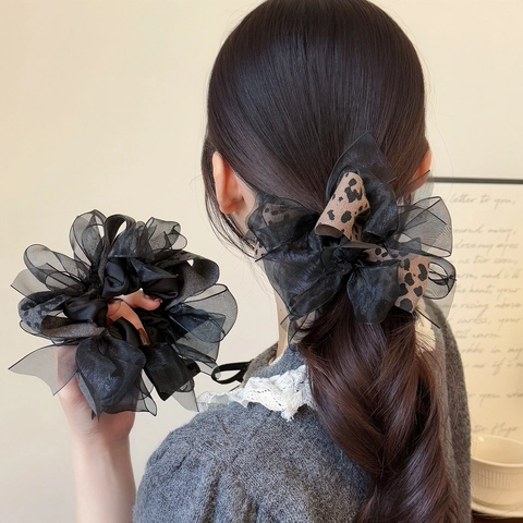 Retro Hepburn Stil Netz Haargummis Für Damen Elegant Leopardenmuster Schleife Streamer Haarseil Plissee Große Scrunchies Accessoire