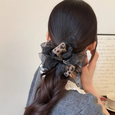 Retro Hepburn Stil Netz Haargummis Für Damen Elegant Leopardenmuster Schleife Streamer Haarseil Plissee Große Scrunchies Accessoire
