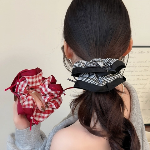 Elastici per Capelli in Tessuto Scozzese Vintage Con Decorazione a Fiocco in Perla Artificiale Elegante Accessorio per Donna