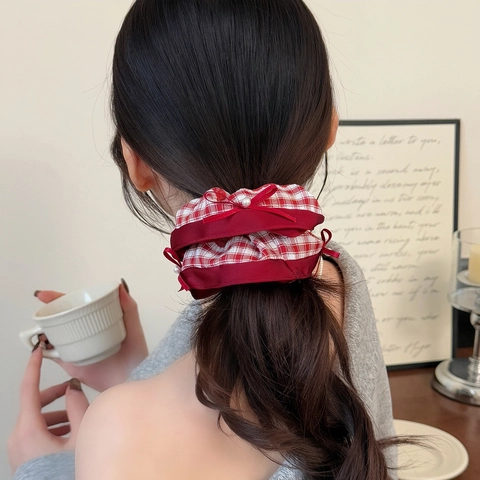 Elastici per Capelli in Tessuto Scozzese Vintage Con Decorazione a Fiocco in Perla Artificiale Elegante Accessorio per Donna