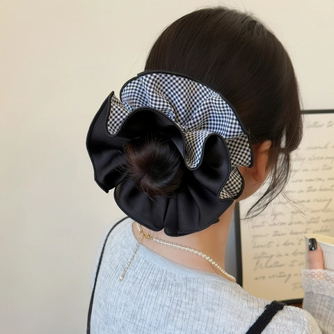 Chouchou Vintage à Carreaux Français pour Femmes Élastique à Cheveux en Tissu Plissé Oversize Noir Blanc à Carreaux