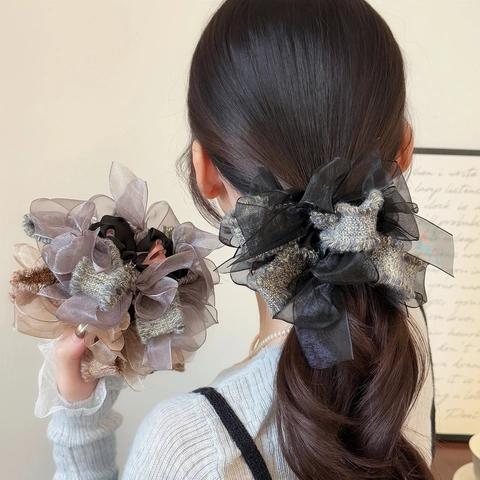 Chouchous en Maille à Nœud pour Femmes Grands Chouchous en Organza Élégant Support de Queue de Cheval Fait à la Main Coiffure