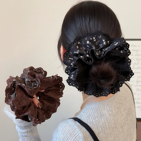 Vintage Kant Bloemen Scrunchie Voor Vrouwen Koreaanse Stijl Grote Geplooide Haarelastiekjes Zoet Elegant Knot Decoratie Haaraccessoires