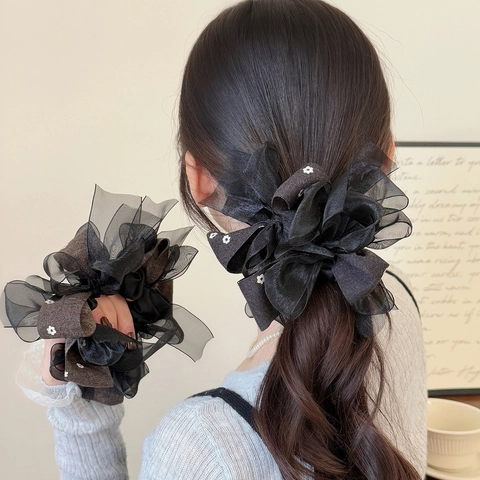 Elastico per Capelli con Fiocco in Organza in Stile Coreano Chouchou Grande a Rete Floreale Elegante Pois Scrunchies per Donna Accessori