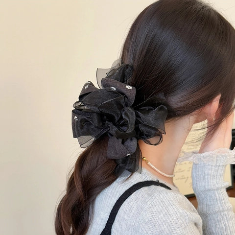 Elastico per Capelli con Fiocco in Organza in Stile Coreano Chouchou Grande a Rete Floreale Elegante Pois Scrunchies per Donna Accessori