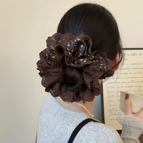 Vintage Kant Bloemen Scrunchie Voor Vrouwen Koreaanse Stijl Grote Geplooide Haarelastiekjes Zoet Elegant Knot Decoratie Haaraccessoires