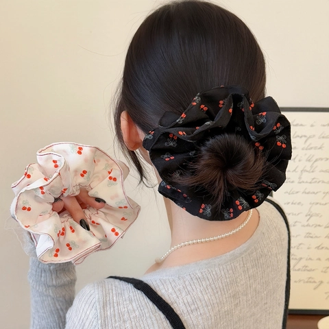 Sweet Cherry Print Double Layer Hair Scrunchies For Women Bowknot Pattern Fabric Large Elastic Hair Ties Ponytail Holder