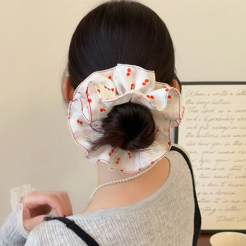 Sweet Cherry Print Double Layer Hair Scrunchies For Women Bowknot Pattern Fabric Large Elastic Hair Ties Ponytail Holder