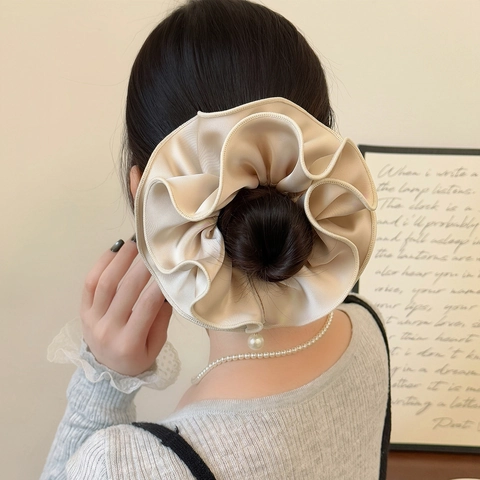 Korean Elegant Double Layer Satin Scrunchies For Women Handmade Large Pleated Hair Ties With Artificial Pearl Charm Hair Rope