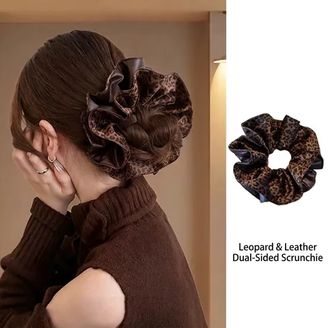Luipaardprint PU-leer Omkeerbare Scrunchie Geplooide Haarband Vintage Mode Grote Haarelastiek Voor Dames